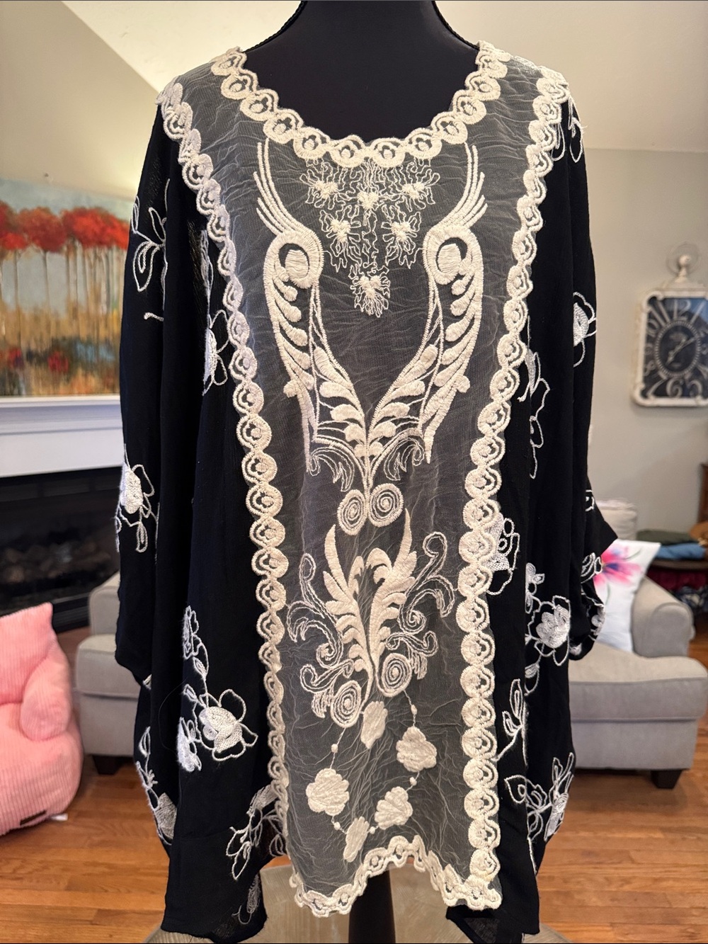 Umgee Black Tunic with Cream Floral Embroidery
